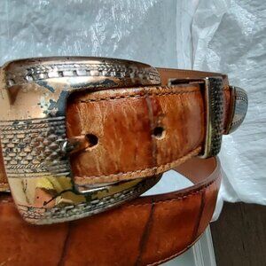 1993 Vtg Men's Sz 44 Onyx By Brighton Brown Leather Croc Belt Silver Tone